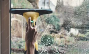 A lady is Cleaning windows